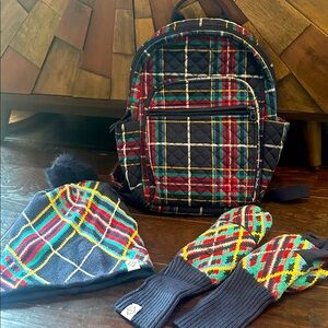 Vera Bradley backpack, Knit Convertible Mittens and Knit Pom Beanie tartan plaid